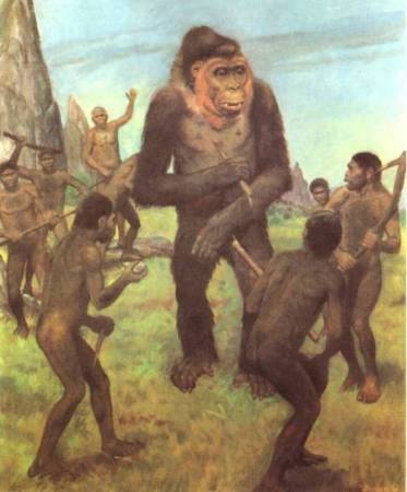 Сцена охоты первобытных людей вида Человек Прямоходящий (Homo еrectus) на гигантопитека (Gigantopithecus blacki)